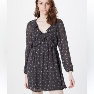 American Eagle Floral Long Sleeve V-Neck Flowy Mini Dress Dark Gray Size XS